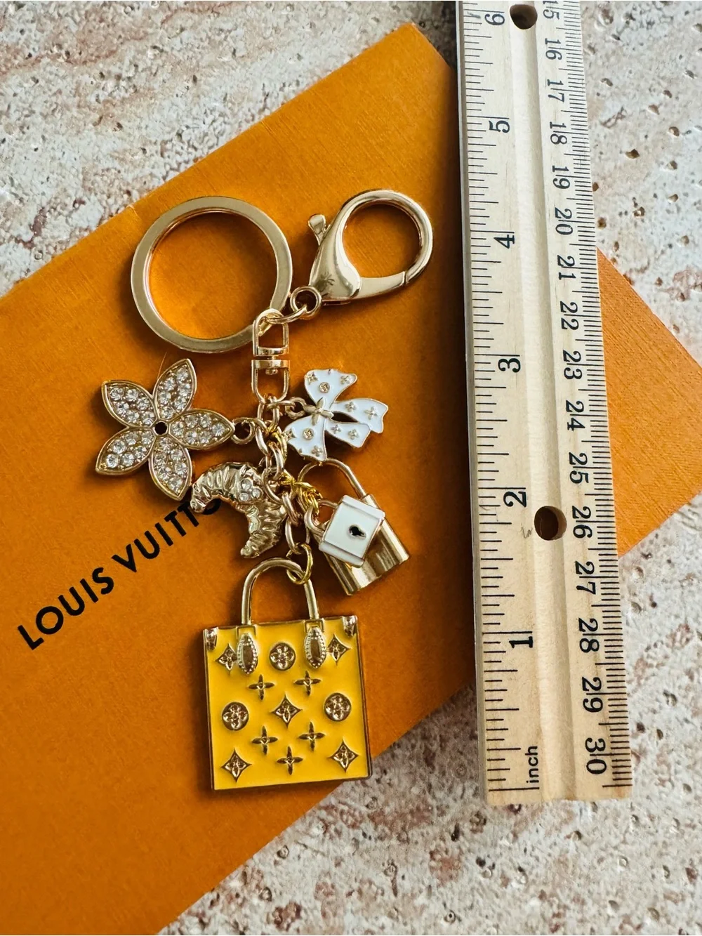 LV Stamped Hardware & Fashion Accents on Gold Key Chain/Bag Charm